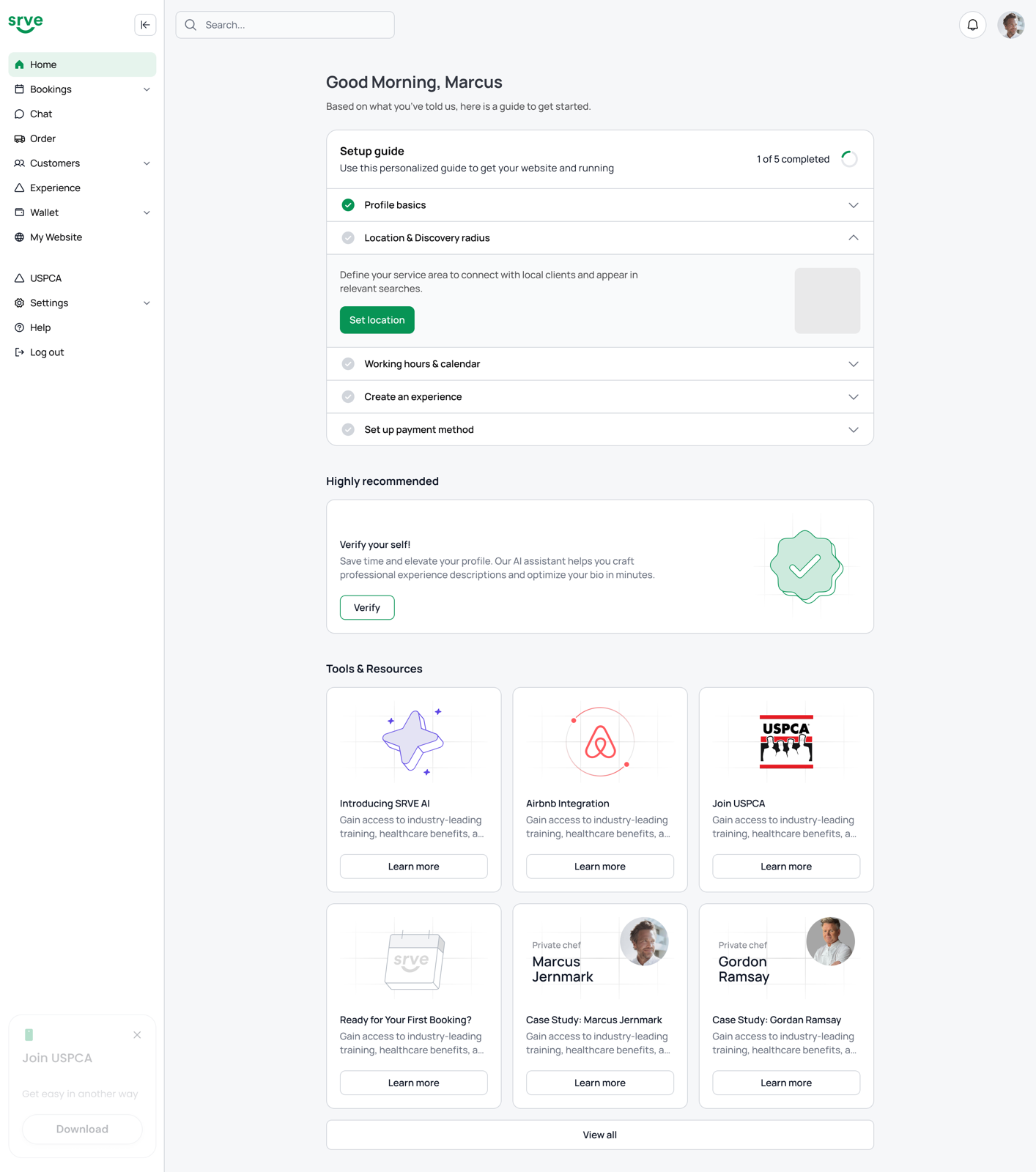 SRVE home dashboard overview